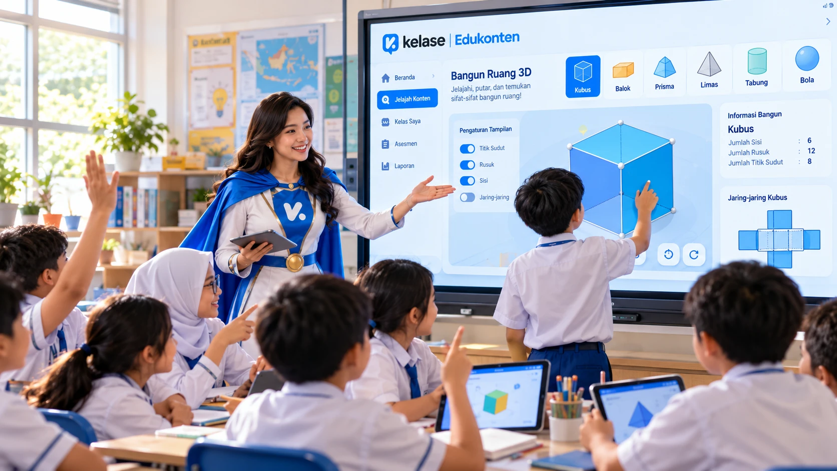 Guru berjubah biru menjelaskan bangun ruang 3D (kubus, balok, prisma, limas, tabung, bola) di Interactive Flat Panel, sementara seorang siswa maju menyentuh dan memutar kubus di layar dan siswa lain mengangkat tangan atau menunjuk dari tempat duduknya, beberapa dengan tablet.
